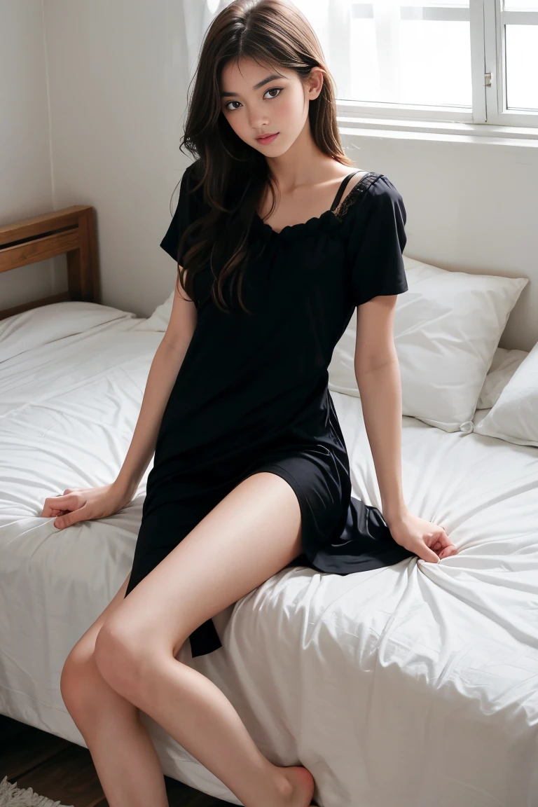 a beautiful 18 year old slim sexy female, black short sleeve nightdress, laying on a bed, visible legs, touching herself