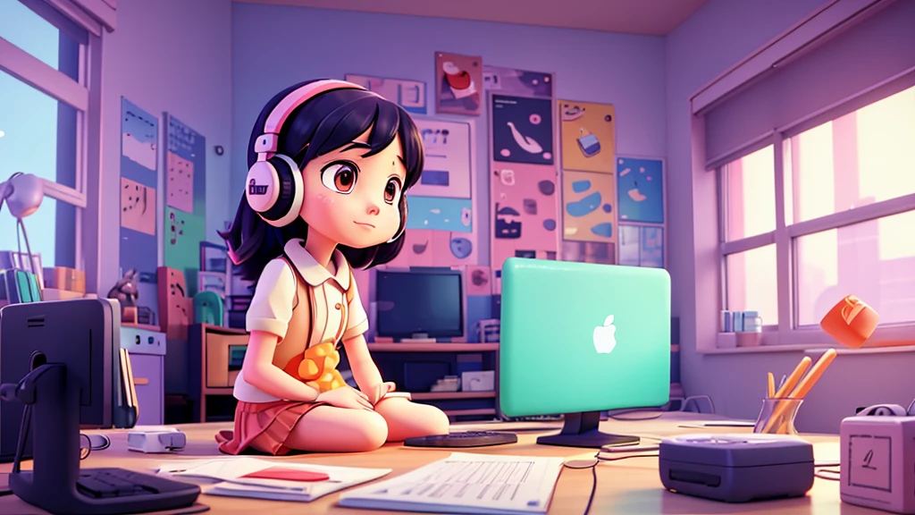 anime girl sitting on bed using laptop computer with headphones on, a digital painting inspired by Atey Ghailan, pixiv contest winner, computer art, lofi girl, lofi artstyle, in style of atey ghailan, digital anime illustration, lofi portrait, lofi art, atey ghailan 8 k, digital art ilya kuvshinov