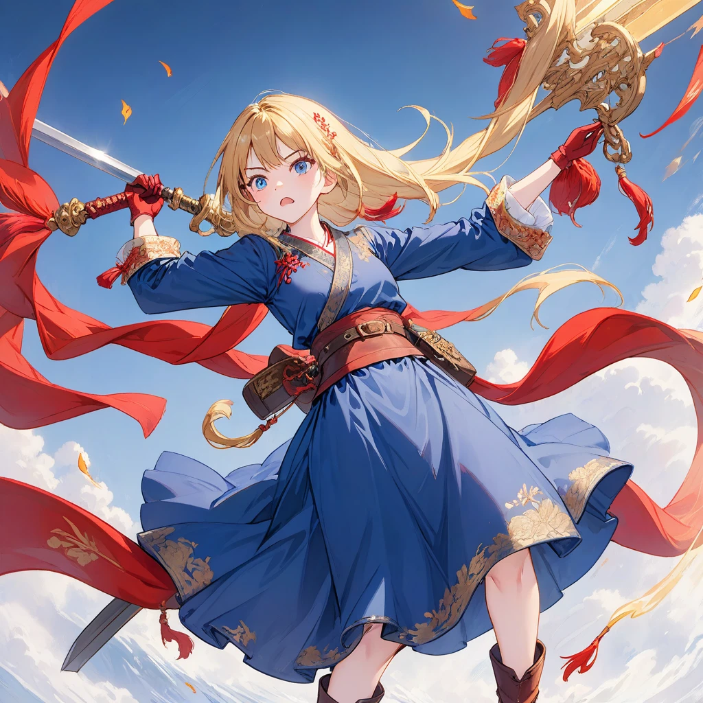 20-year-old girl, long blonde hair, blue eyes, angry expression, long dark blue skirt with gold embroidery at the hem, old-fashioned blue blouse with long fitted sleeves, adorned with red details, red leather gloves that reach her elbows, dark brown leather boots that reach mid-calf, leather belt adorned with a golden buckle and red details, her weapon is a huge greatsword with a gold and red decorated handle, hanging on her back in an ornate sheath.