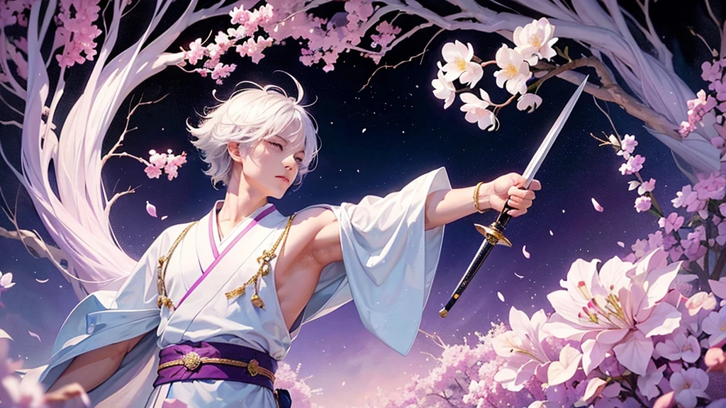 A Chinese boy who has a white hair and holding a sword wearing a white kimono with long long sleeps his kimono has a Persian painting patron and it's shiny behind him is a wall it's like a rock wall half top of the painting is surrounded by white pink purple and light blue flowers like Lily of the Valley and violets and the bottom of the painting there is so many gemstones who are pink purple and light blue the boy has a hair accessory that has a diamond shape gemstone stone that is deep red the boy hold the sword with both hand in the front of him and his pose is kind of like 3.4 of his face showing to us he's har is so long