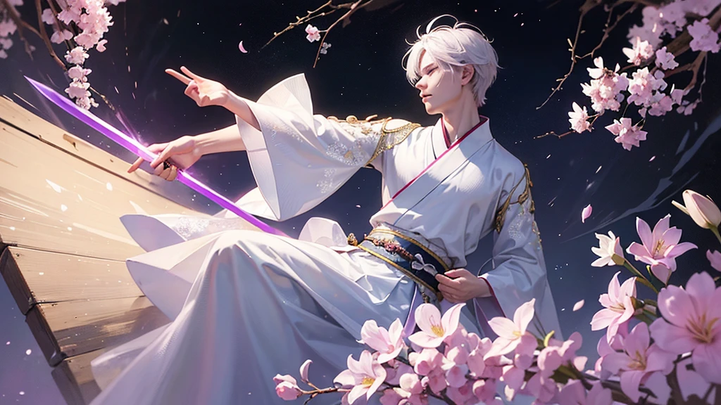 A Chinese boy who has a white hair and holding a sword wearing a white kimono with long long sleeps his kimono has a Persian painting patron and it's shiny behind him is a wall it's like a rock wall half top of the painting is surrounded by white pink purple and light blue flowers like Lily of the Valley and violets and the bottom of the painting there is so many gemstones who are pink purple and light blue the boy has a hair accessory that has a diamond shape gemstone stone that is deep red the boy hold the sword with both hand in the front of him and his pose is kind of like 3.4 of his face showing to us he's har is so long
