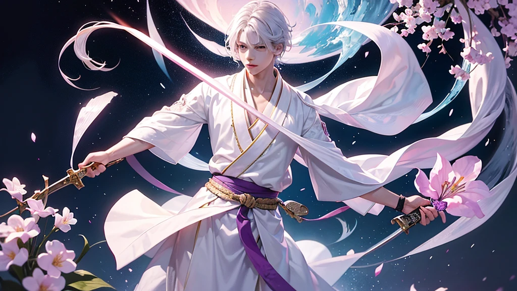 A Chinese boy who has a white hair and holding a sword wearing a white kimono with long long sleeps his kimono has a Persian painting patron and it's shiny behind him is a wall it's like a rock wall half top of the painting is surrounded by white pink purple and light blue flowers like Lily of the Valley and violets and the bottom of the painting there is so many gemstones who are pink purple and light blue the boy has a hair accessory that has a diamond shape gemstone stone that is deep red the boy hold the sword with both hand in the front of him and his pose is kind of like 3.4 of his face showing to us ‏he's har is so long