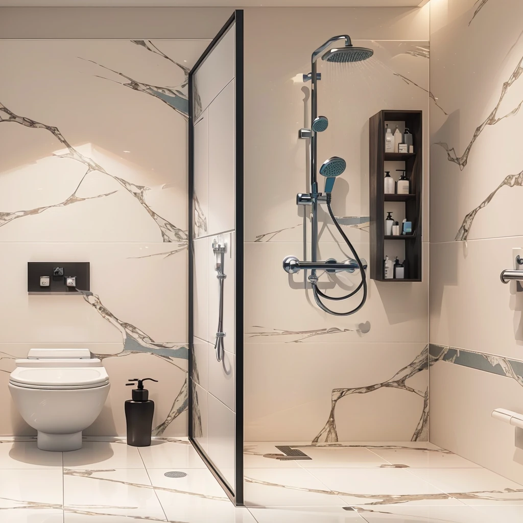 There is a bathroom with toilet, shower, and drown in it, hyper-realistic detailed rendering, modern bathroom, hyperrealistic render, very detailed render, Realistic physics rendering, hyperrealistic render, hyperrealistic render, hyperrealistic render, high-quality render, Bathroom interior, excellent 3d render, detailed rendering in archive, high quality 3D rendering