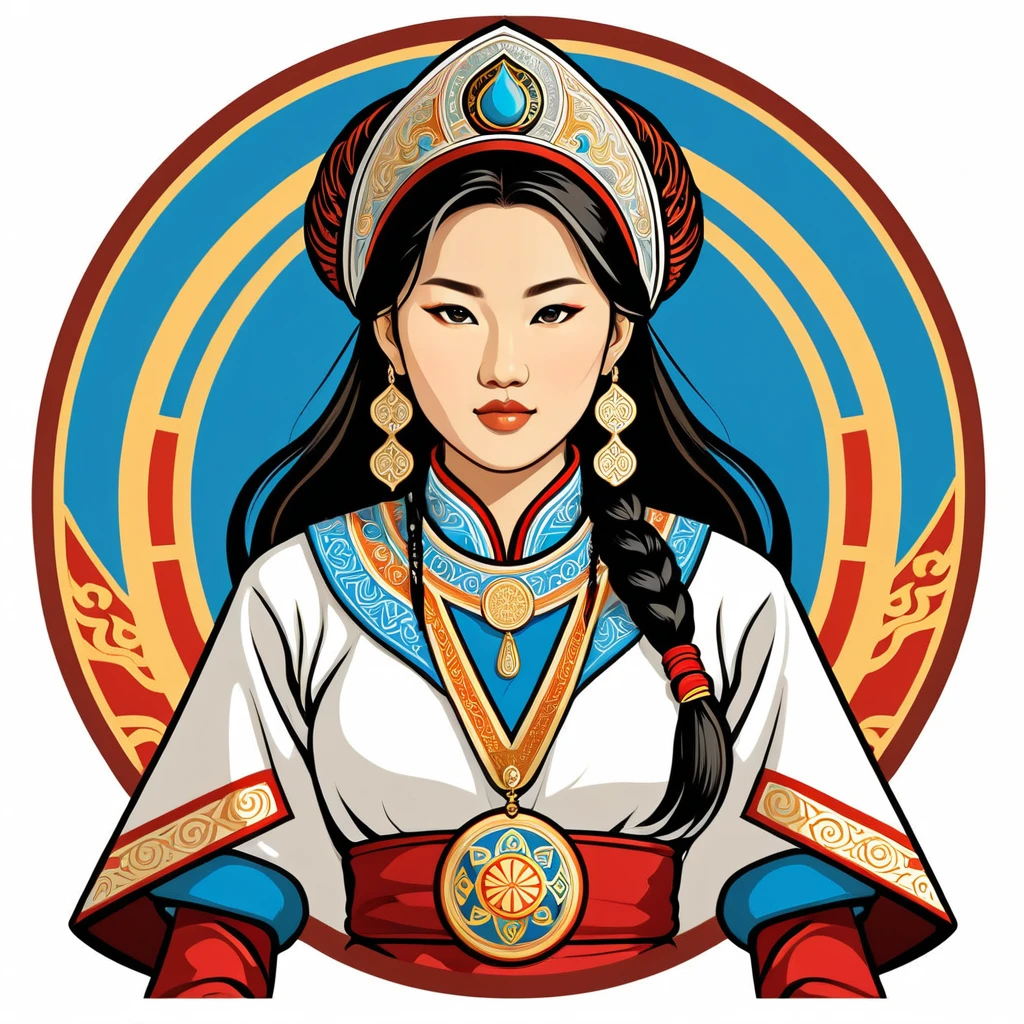 female cleric in mongolian folk outfit, vector graphics, strong contours, logo design
