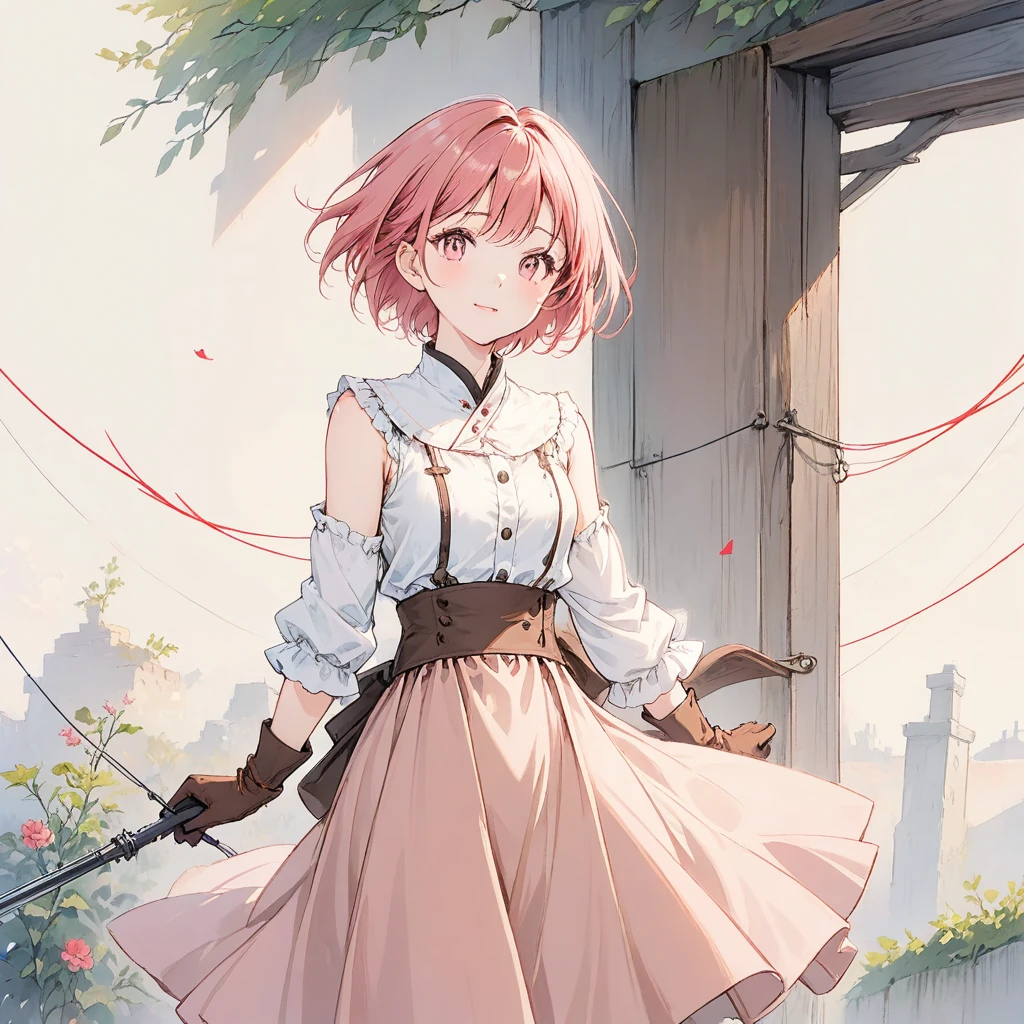 20 years old, with short pink hair just below the shoulders, pale pink eyes, and an expression that is serious yet happy. She dresses in an antique style, wearing a long light brown skirt, a sleeveless white blouse with a vertical red line down the center on the buttons, brown gloves, and high boots with many straps. Her weapons are hundreds of needles connected by thread.