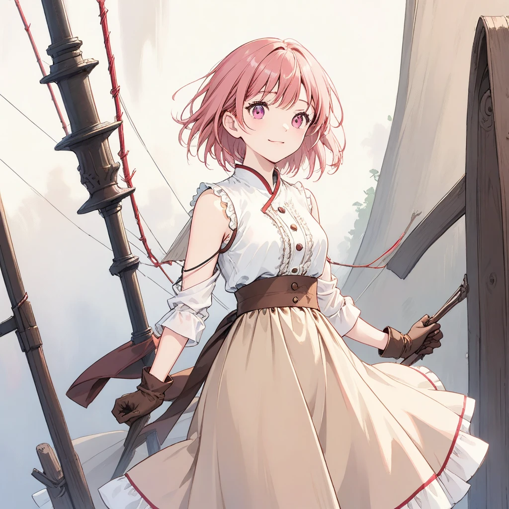 20 years old, with short pink hair just below the shoulders, pale pink eyes, and an expression that is serious yet happy. She dresses in an antique style, wearing a long light brown skirt, a sleeveless white blouse with a vertical red line down the center on the buttons, brown gloves, and high boots with many straps. Her weapons are hundreds of needles connected by thread.