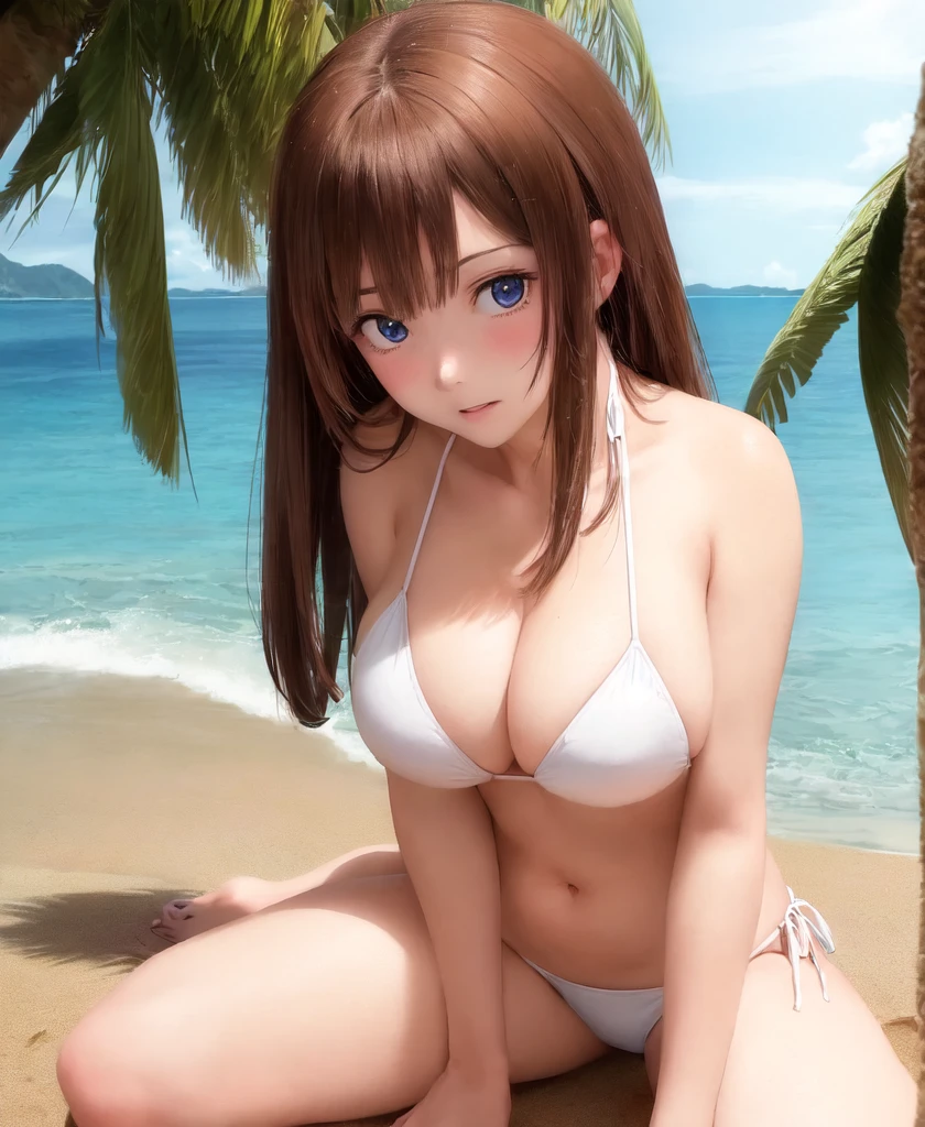 (This is a close-up shot of a young anime girl in a bikini on the beach:1.4),(solo:1.4),(1girl:1.4),(long brown hair:1.3),(blue eyes:1.2),(white bikini top:1.3),(white bikini bottom:1.2),(navel:1.1),(sitting on the beach:1.3),(palm trees in the background:1.2),(ocean in the background:1.2),(blue sky:1.1), (detailed face:1.3),(beautiful detailed eyes:1.3),(slightly parted lips:1.2),(shy embarrassed expression:1.3),(flushed cheeks:1.2),(slender body:1.2),(large breasts:1.3), (masterpiece:1.2),(best quality:1.3),(ultra high res:1.2),(photorealistic:1.1)
