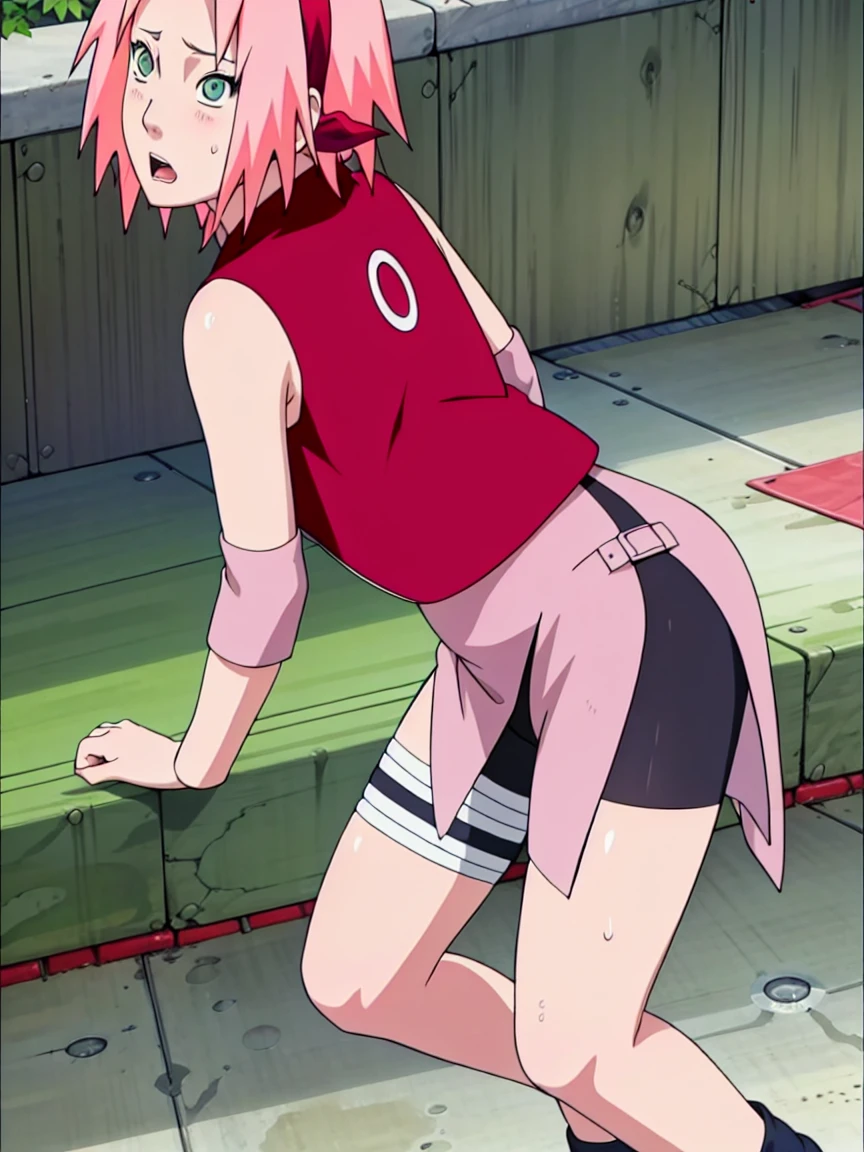 score_9, score_8_up, score_7_up, score_6_up, score_5_up, score_4_up, BREAK, source_anime,
1girl, haruno sakura, pink hair, short hair, green eyes, sleeveless, red shirt, forehead protector, beautiful legs, black gloves,
pussy, bottomless, full body, solo,  konohagakure background, on bed, shy face, standing, leaning forward