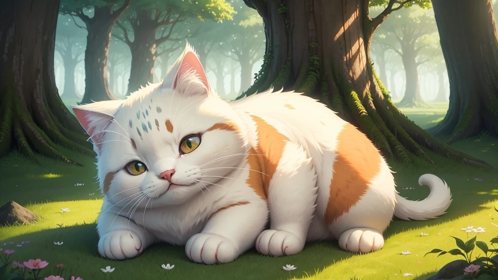 of a chubby and adorable cat sleeping on a moss covered wall. The cat is white with brown and orange spots, with a simplified design and relaxed expression. It is surrounded by lush green vegetation with bright leaves in the foreground. The sky is a bright, clear blue with some fluffy white clouds.. Sunlight creates dappled patterns on the cat. Smooth and simplified animation style, reminiscent of Studio Ghibli or films like 'The Return of the Cat'. Vivid and saturated colors, especially in greens and blues. Focus on the texture of the cat's fur and leaves. The general atmosphere is serene and summery. Composition that balances natural elements with the central character of the cat."