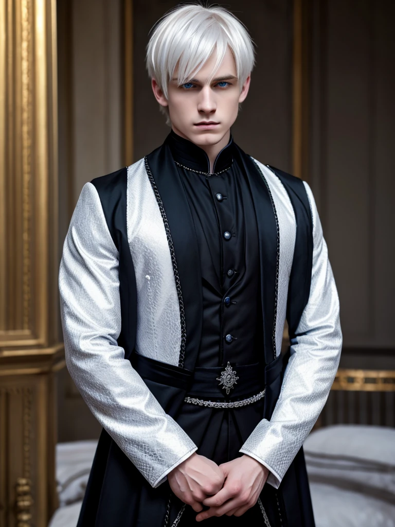 (best quality), 1boy, Male, pale skin, white hair, short hair, swept bangs, tousled hair, blue eyes, perfect eyes, strong jawline, shy expression, royal clothes, (dark fantasy), gothic, masculine, fully clothed, masterpiece, anatomically correct, highres
