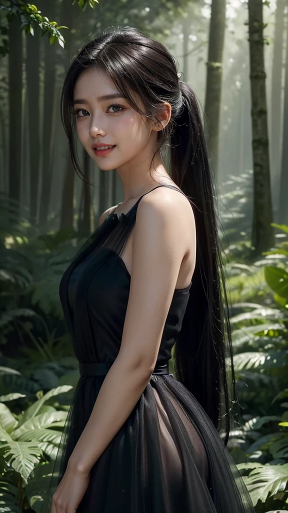 (Masterpiece:1.4), CG Unity 8k walpaper, ((Realistic: 1.2)), Ray Tracing, 64k, Beautiful 22 years girl, Asian realistic girl, Ultra Realistic, ultra HD, 1 girl, black hair, long hair, ponytail, standing, abandoned in a forest, Green Plants, Rain forest, soft lighting,  Morning light, foggy morning, realistic, SMOOTH FACE, full body shot, (( Red Sweetheart High Low Tulle Homecoming Dress)), perfect eyes, Beautiful smile, ((smile: 1.2)), Stylish look, sexy angles, realistic Skin, Perfect young body, Young figure , detailed background, Detailed skin, ((detailed dress)), Long Black hair, cinematic lighting, ((cinematic Photography)), ((High resolution Dress Quality)), High resolution picture quality, beautiful knees, Smooth thighs 