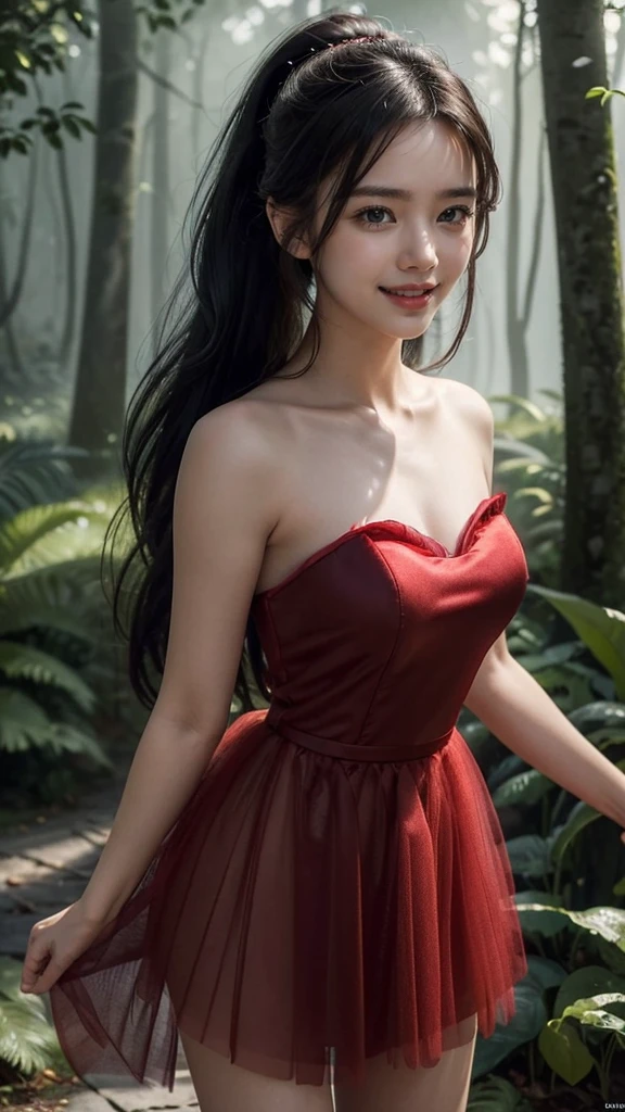 (Masterpiece:1.4), CG Unity 8k walpaper, ((Realistic: 1.2)), Ray Tracing, 64k, Beautiful 22 years girl, Asian realistic girl, Ultra Realistic, ultra HD, 1 girl, black hair, long hair, ponytail, standing, abandoned in a forest, Green Plants, Rain forest, soft lighting, Morning light, foggy morning, realistic, SMOOTH FACE, full body shot, (( Red Sweetheart High Low Tulle Homecoming Dress)), perfect eyes, Beautiful smile, ((smile: 1.2)), Stylish look, sexy angles, realistic Skin, Perfect young body, Young figure , detailed background, Detailed skin, ((detailed dress)), Long Black hair, cinematic lighting, ((cinematic Photography)), ((High resolution Dress Quality)), High resolution picture quality, beautiful knees, Smooth thighs