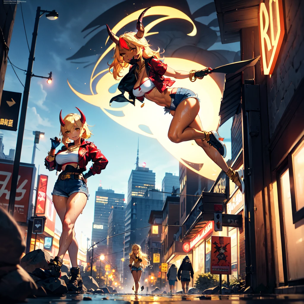 ((best quality)), ((masterpiece)), (detailed), 1girl, one girl, 8k_wallpaper, extremely detailed eyes, extremely detailed body, beautiful face, perfect face, detailed ((blonde hair)), (gold eyes), (( big blue horns)), {{dark skin}}, ({dark skinned female}), gigantic breasts, thick thighs, strong arm and leg muscles, strong abdominal muscles, Korean girl, a predatory mischievous smile with fangs, a vulgar smile, a playful look, style - a hot rock girl, a dark red open jacket with rolled up sleeves, a belt of yellow silk and gold chains, gold bracelets and leather short gloves, short denim mini shorts through which the outlines of a wet woman appear pussy, a rock guitar hanging behind his back, walking down the street of the evening city,