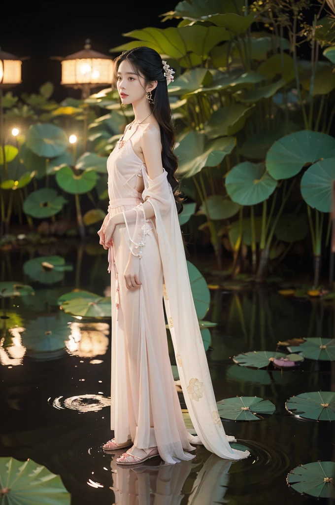 (((best quality))),(((ultra detailed))),(((masterpiece))),illustration,((1 beautiful young girl,solo)),((slim,thin)),(shoulder length straight hair:1.2),((earrings,necklace)),((small breasts,flat chest)),(see through traditional pink sheer Hanfu dress:1.3),((slender legs,loafers)),(beside the lotus pond full of lotus flowers:1.3), serene moonlight, ethereal,floral pattern, water movement, billowing fabric, tranquil,petals, fireflies, magical warm light, dreams, invitation, (standing:1.3),(arms behind back:1.2),gazing, reflection, inner thoughts, emotional, sweet scent, natural beauty, solitude, hypnotic lull, eternal summer,(night scene:1.3), natural world, human spirit, celebration, backdrop, water, glow,(from front:1.5),(full body:1.2)