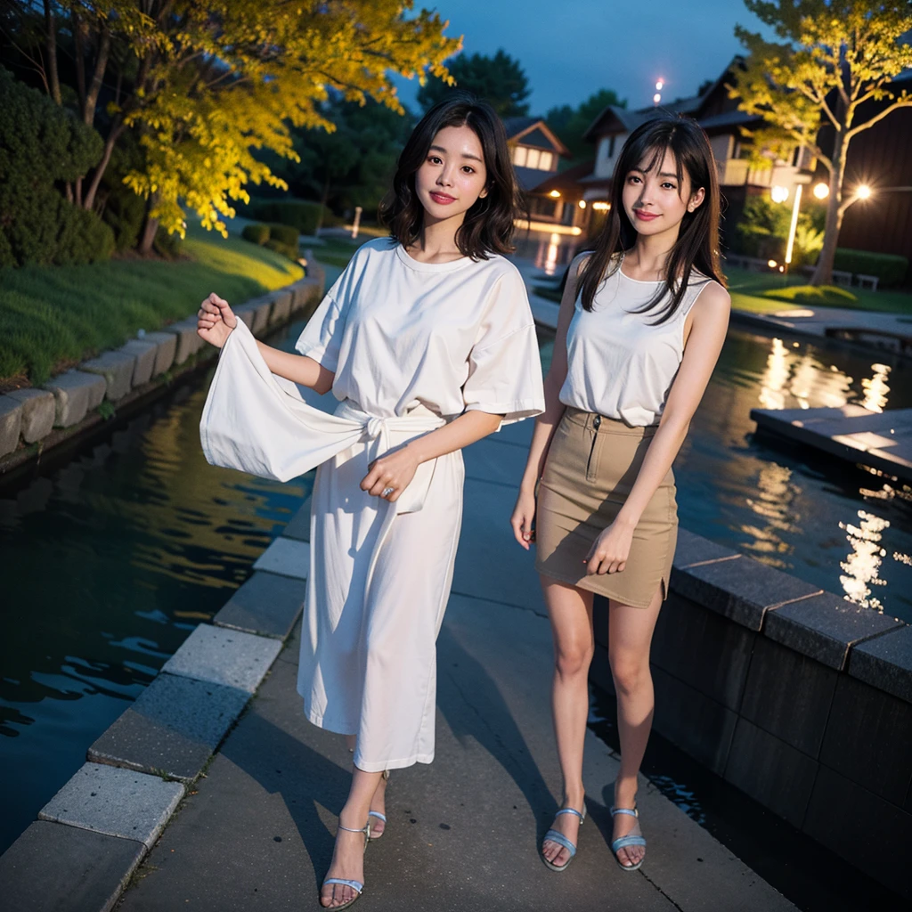 Highest quality,master piece,incredibly absurdres,photography,high resolution,lens flare,a girl, one girl,solo focus,alone,full body,perfect anatomy,Highest quality,8kbloom,a girl, one girl,solo focus,bokeh,alone,full body,standing,posing,4K,8k,raw photo,short brown hairイヤリング,Beautiful eyes、Japanese women,Age 25,healthy,positive,bright,kind,,Trendy fashion for women in their 20s(Stylish shirts,1:3)、Beautiful Skin,Fair skin,,masterpiece,Young and beautiful,Attractive woman,ecup bust、An innocent smile、smile、teeth、The background is a lake、night、moon、dim、The stars are beautiful、Accurate hands、Accurate legs,one girl、Anyway, so cute