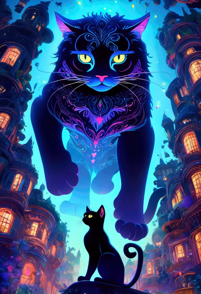 (Giant Cat, exaggerate Giant), from below, Stunning illustration, glowing in the dark with multicolor light, centered on a night background, in the style of pop surrealist artist, fine art, full body, award-winning, cinematic still, emotional, vignette, dynamic, vivid, (masterpiece, best quality, Professional, perfect composition, very aesthetic, absurdres, ultra-detailed, intricate details:1.3)