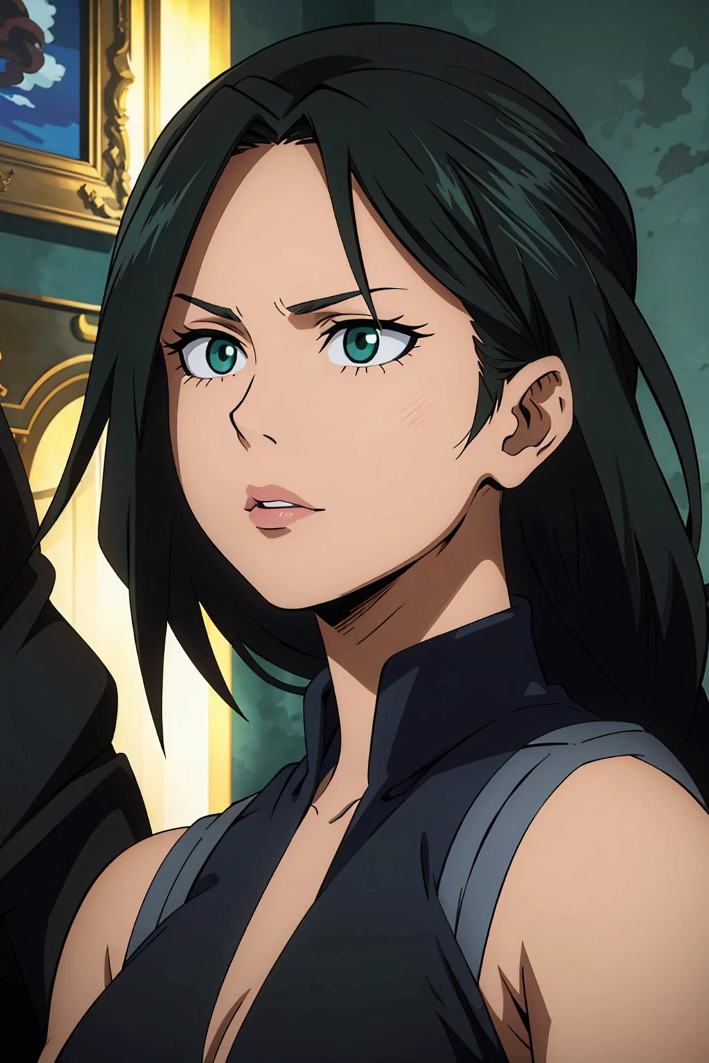 a 50 year old woman, black long hair, green eyes, middle aged appearance, detailed face, detailed eyes, detailed lips, cinematic lighting, dramatic lighting, my hero academy art style , boku no hero art , oil painting, high quality, masterpiece, extremely detailed, vibrant colors, chiaroscuro lighting, dramatic composition, atmospheric, ethereal, elegant, serene