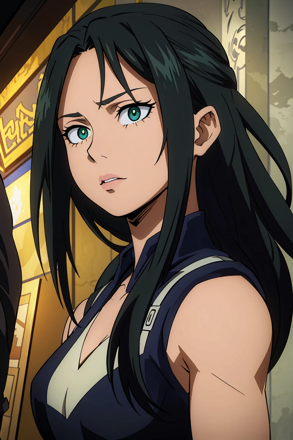 a 50 year old woman, black long hair, green eyes, middle aged appearance, detailed face, detailed eyes, detailed lips, cinematic lighting, dramatic lighting, my hero academy art style , boku no hero art , oil painting, high quality, masterpiece, extremely detailed, vibrant colors, chiaroscuro lighting, dramatic composition, atmospheric, ethereal, elegant, serene