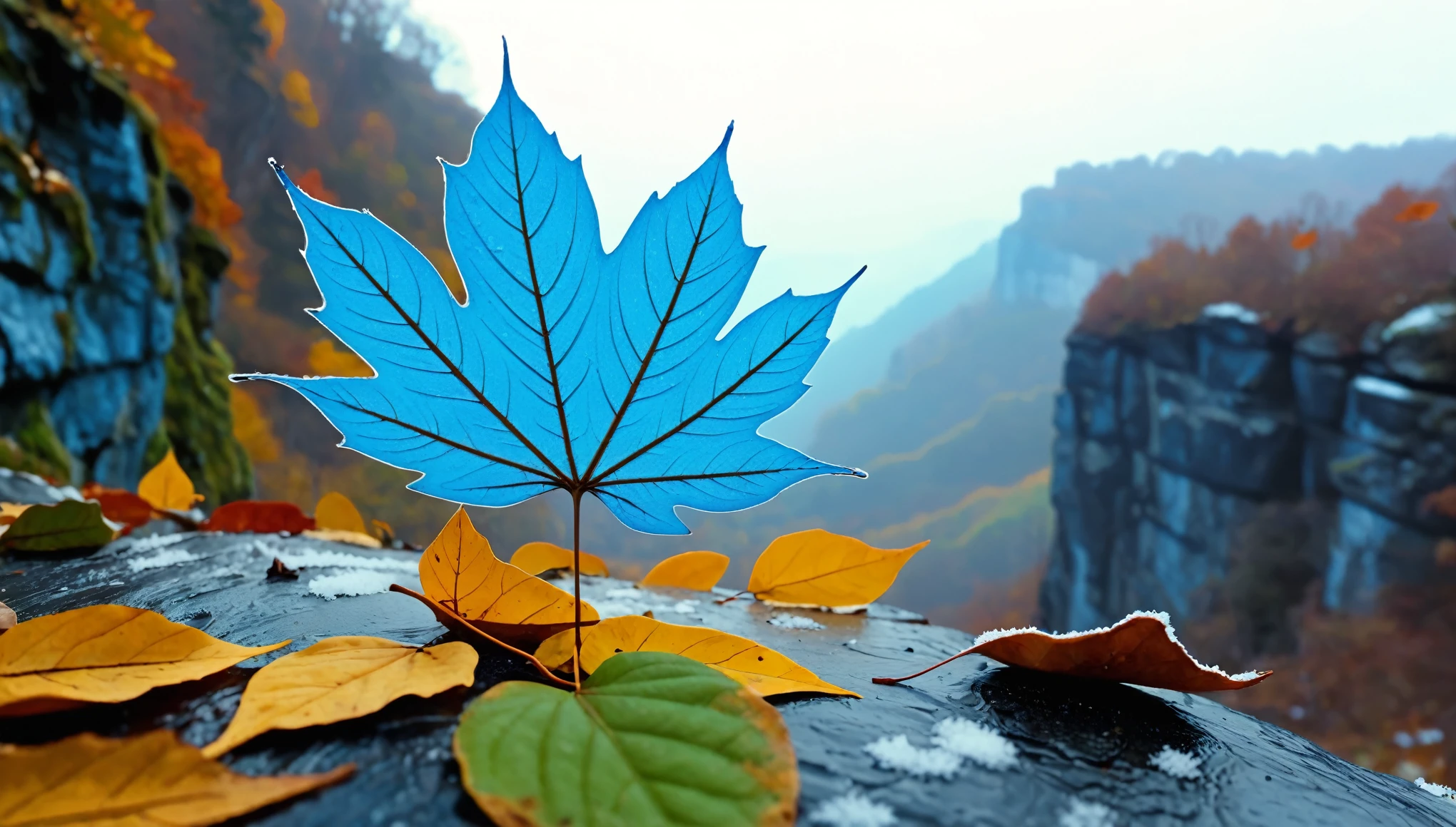 (Light blue gradation leaves),(winter leaves), (half withered),(on the cliff),magical round leaves leaves falling, snow is falling thinly,nature documentry footage, youtube video screenshot, today's featured photography 4k, autumn rain turkel, nature photography 4k, november, cinematic widescreen shot, leaves and magic, high quality screenshot, 2 0 2 1 cinematic 4 k framegrab, wide screenshot