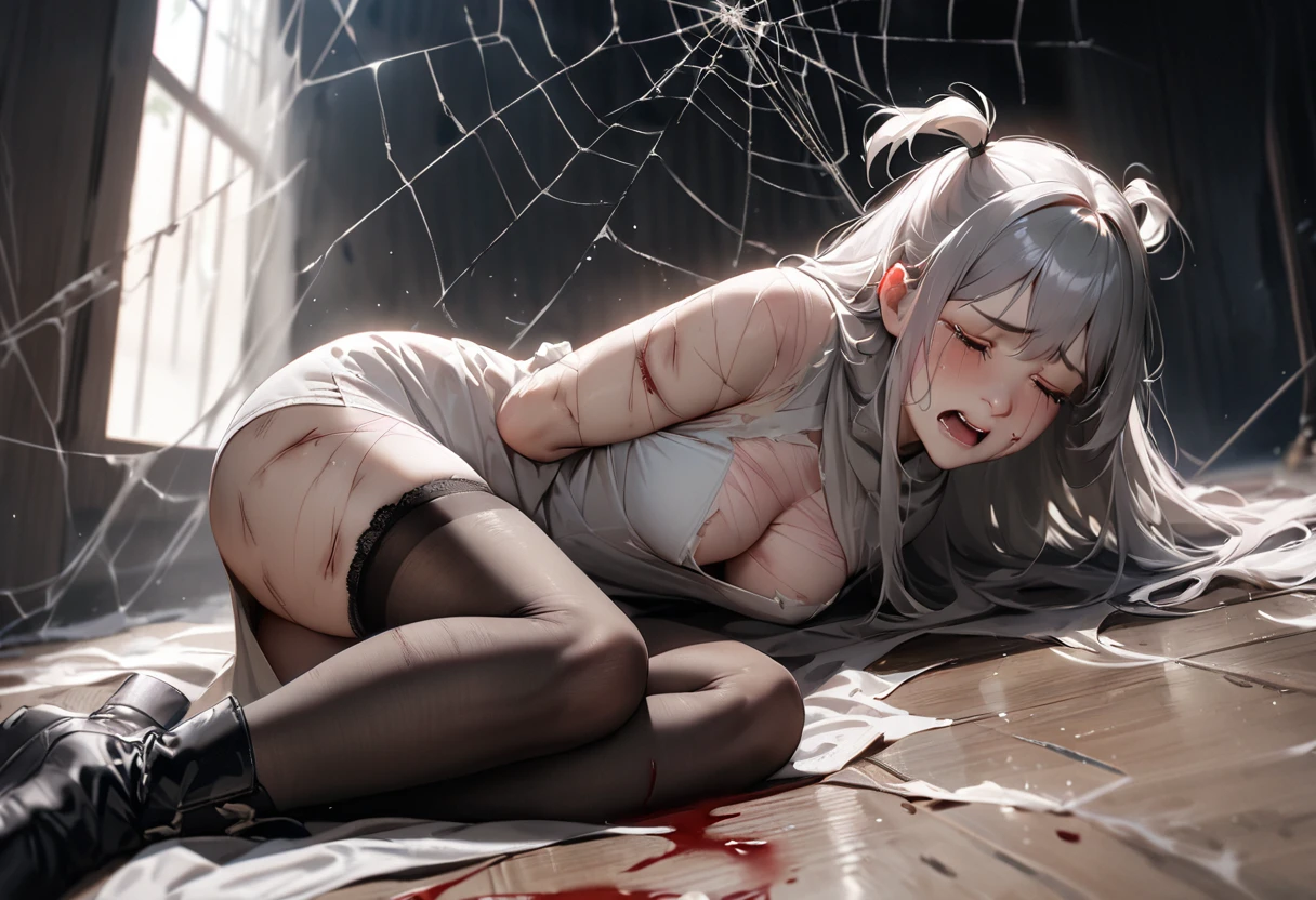 (best quality), (masterpiece), very aesthetic, absurdres, high res, all detailed, realistic, (two side up), long hair, silver hair, (red pencil Dress, One side shoulders armor with Cape, pencil miniskirt:1.17), boots, medium cleavage, [white panties], [black thigh-highs], (injury skin, scar skin, bleeding skin, torn clothes:1.15), Broken Armor, cloth pieces, BREAK NSFW, solo, 1girl, (Huge spiderweb, bondage, [white spider silk}, bound limbs, restrained:1.16), lying, on side, (closed eyes, cry, tears), sigh, blush, sweat, (indoors, Room full of spider webs, prison), cinematic lighting, diffraction spikes, three quarter view