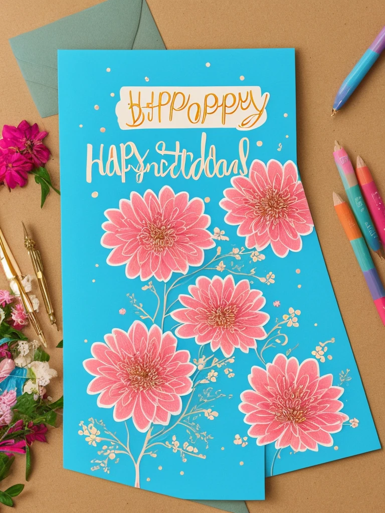 A beautifully designed birthday card featuring a lovely hand-drawn illustration. The card has vibrant colors, with floral patterns and decorative elements. In the center, there’s a heartfelt message that reads "Happy Birthday, [HAYATO HOSHINO]!" The background shows soft pastel shades, adding to the overall warmth and friendliness of the card.
