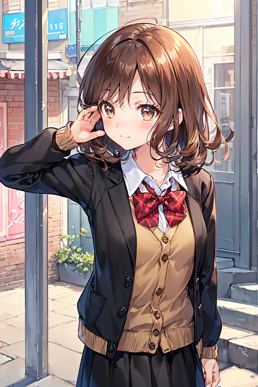 ((Tabletop, Highest quality, High resolution, Hmph, Pixel perfect, 4K, Hmph, Hmph))), One Girl, single, alone, Beauty、The whole body is visible、 ((Mid-wave hair, bangs, Brown Hair)), ((Brown eyes, Beautiful eyelashes, Realistic eyes)), ((Detailed face, blush:1.2)), ((Smooth texture:0.75, Realistic texture:0.65, Realistic:1.1, Anime CG style)), Medium chest, Dynamic Angle, Perfect body, ((Red bow tie, , Black jacket, Open jacket, Brown cardigan, White shirt, Black Skirt, Checked skirt)), City stairs、Looking up from the bottom of the stairs、Very embarrassing panic smile, looked back、Leaning forward、