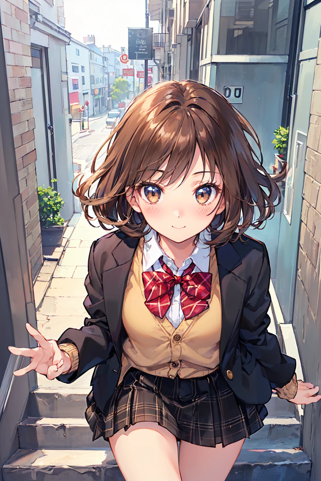 ((Tabletop, Highest quality, High resolution, Hmph, Pixel perfect, 4K, Hmph, Hmph))), One Girl, single, alone, Beauty、The whole body is visible、 ((Mid-wave hair, bangs, Brown Hair)), ((Brown eyes, Beautiful eyelashes, Realistic eyes)), ((Detailed face, blush:1.2)), ((Smooth texture:0.75, Realistic texture:0.65, Realistic:1.1, Anime CG style)), Medium chest, Dynamic Angle, Perfect body, ((Red bow tie, , Black jacket, Open jacket, Brown cardigan, White shirt, Black Skirt, Checked skirt)), City stairs、Looking up from the bottom of the stairs、Very embarrassing panic smile, looked back、Leaning forward、