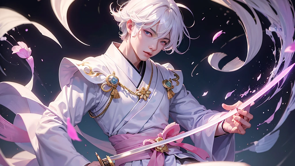 A Chinese boy who has a white hair and holding a sword wearing a white kimono with long long sleeps his kimono has a Persian painting patron and it's shiny behind him is a wall it's like a rock wall half top of the painting is surrounded by white pink purple and light blue flowers like Lily of the Valley and violets and the bottom of the painting there is so many gemstones who are pink purple and light blue the boy has a hair accessory that has a diamond shape gemstone stone that is deep red the boy hold the sword with both hand in the front of him and his pose is kind of like 3.4 of his face showing to us he's har is so long