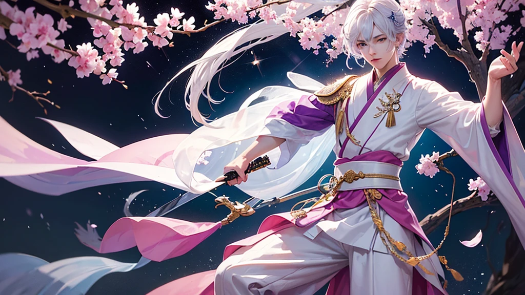 A Chinese boy who has a white hair and holding a sword wearing a white kimono with long long sleeps his kimono has a Persian painting patron and it's shiny behind him is a wall it's like a rock wall half top of the painting is surrounded by white pink purple and light blue flowers like Lily of the Valley and violets and the bottom of the painting there is so many gemstones who are pink purple and light blue the boy has a hair accessory that has a diamond shape gemstone stone that is deep red the boy hold the sword with both hand in the front of him and his pose is kind of like 3.4 of his face showing to us ‏he's har is so long