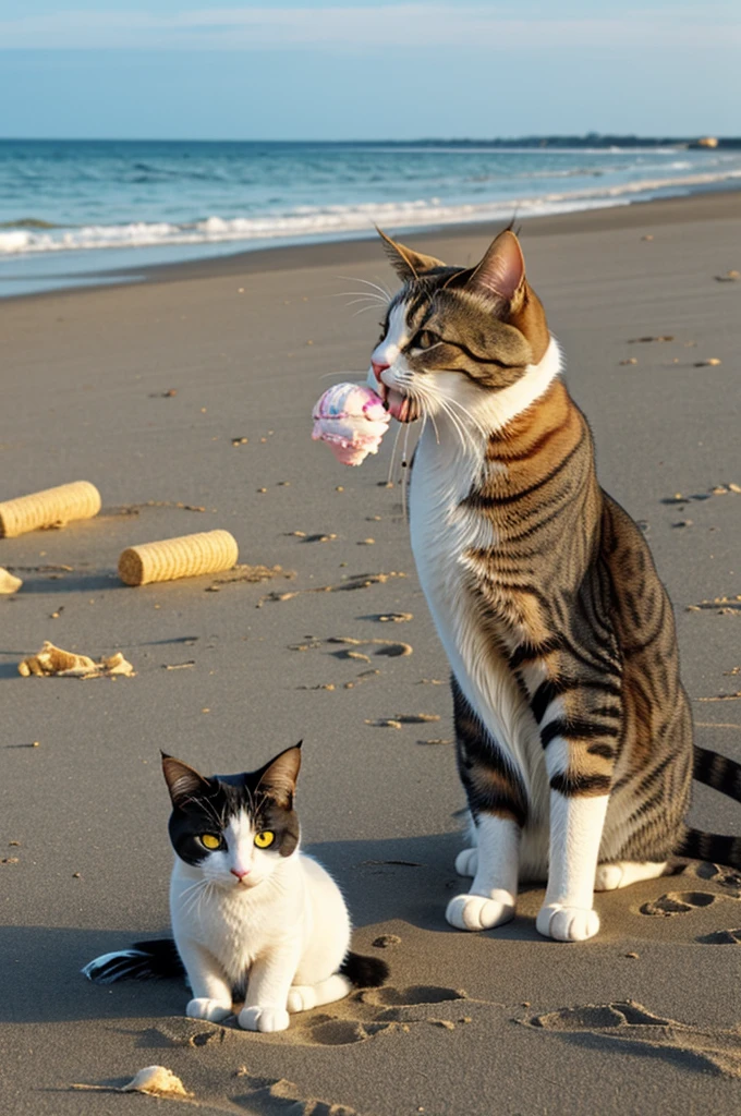 A cat eating ice cream on the beach at the seashore