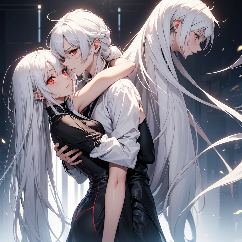 make one character hugging another. the first will be a man, taller than the woman he is hugging, white  hair, social futuristic clothes and yellow x-shaped eyes. the girl will have red eyes, long white hair and a low-cut black dress