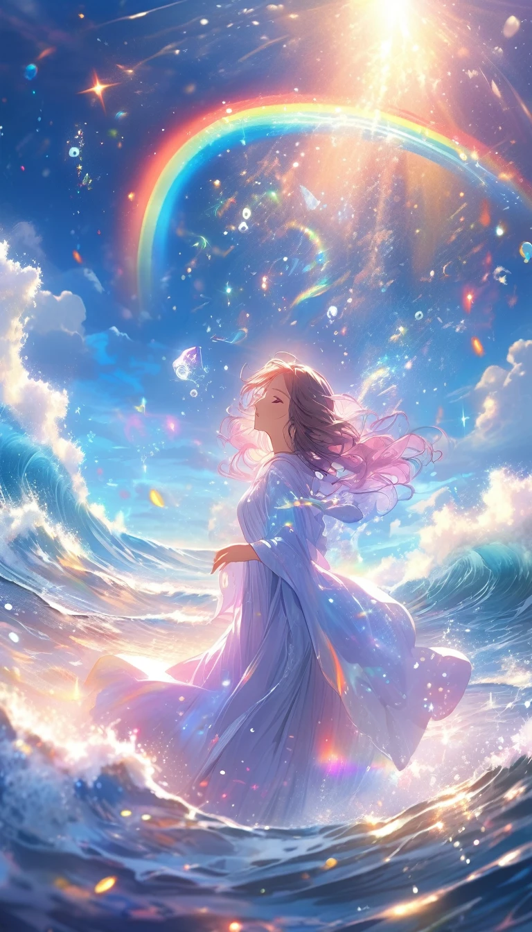high resolution Masterpiece Mysterious glowing spell casting girl, ((Fantasy Rainbow Ocean)), Vibrant colors, Great light, Detailed speech bubbles, Magical atmosphere, Nice views, Dreamy atmosphere, Sparkling, Loose-fitting robes, The magic touch, Mysterious Creatures, ((Sparkling waves)), Mystical symbols, Surreal beauty, mist, There'Magic in the air, Magical moments,Mysterious atmosphere, Whimsical Creatures, Full of charm, Fairy, Superpower, Fantasy World