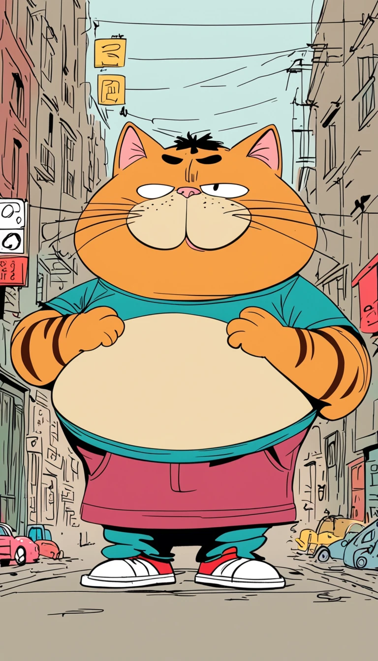 (((Exaggerated digital character sketches:1.37)).(There is a fat Garfield cat on the street,(Exaggerated expression,),There are many cars underfoot,(Loose brushstrokes create the outline,Cartoon Style. Bright colors and simplified lines, sketch)。