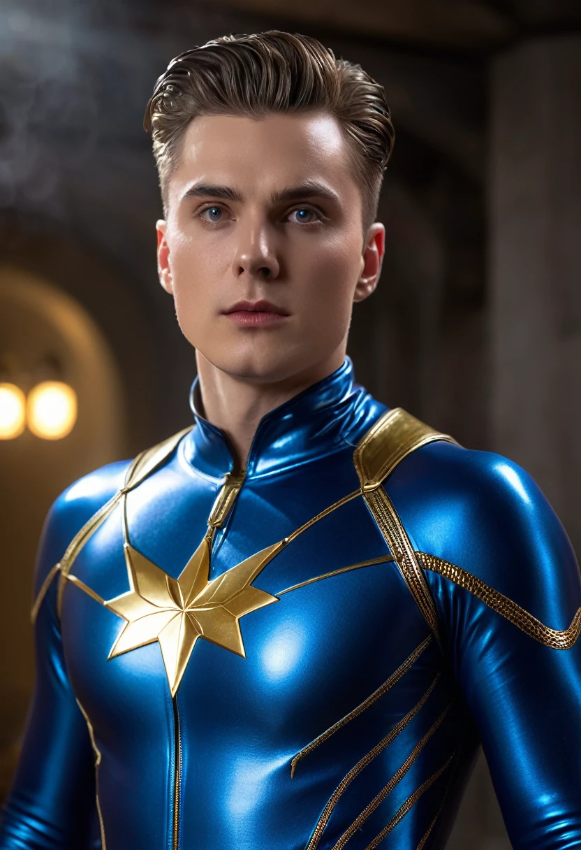 Heterosexual man in latex clothing with middle part Homelander haircut from The Boys comics, wearing Homelander costume, bright lights, (dynamic pose), (hyper-realistic: 1.4), (realistic: 1.3), ( best quality real textured leather), full body, (cinematic light), highly detailed skin, skin pores, (highly detailed face: 1.1), (highly detailed eyes: 1.1), realistic pupils, (perfect anatomy : 1.1), (perfect proportions: 1.1), (photo: 1.1), (photorealistic: 1.1), volumetric lighting, dynamic lighting, real shadows, (high resolution: 1.1), focus sharp, daylight, (realistic, hyperrealistic: 1.4), Intricate, high detail, dramatic, subterranean scattering, large depth of field, vivid, polished, Spitz, ((totally Spitz)), (extremely absurd), 8k hdr