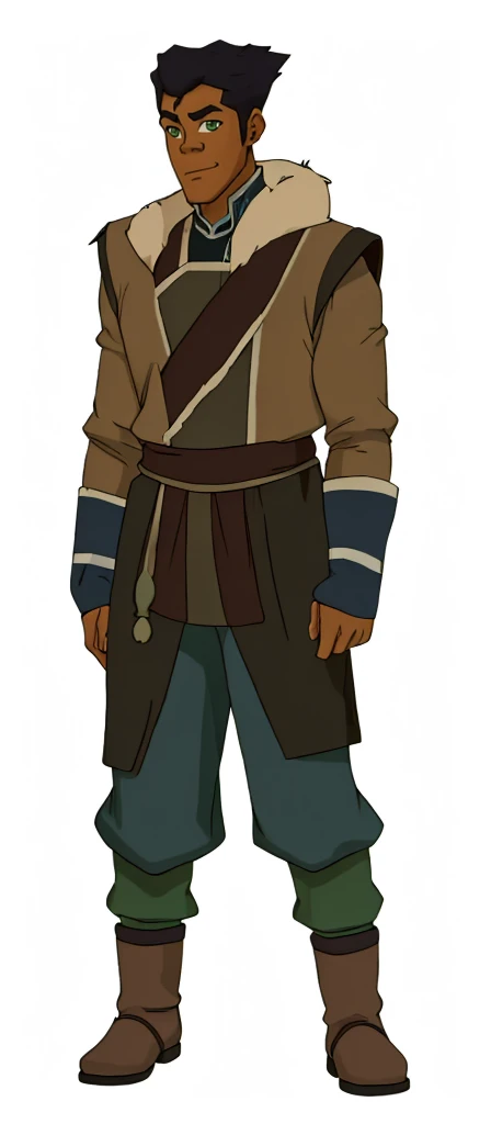 African-American, Bolin, water tribe traditional clothing mixed of blue and purple, with fur in shoulders and neck. Long sleeve, skinny, water tribe outfit. The character is wearing a blue, short-sleeved tunic with gold trim and fastenings down the front and fur collar, and fur on the shoulders. He has on dark purple pants tucked into knee-high boots. A green sash is tied around his waist. The overall style appears to be inspired by traditional East Asian clothing designs. And badass boots 