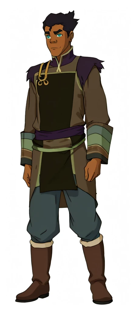 African-American, Bolin, water tribe traditional clothing mixed of blue and purple, with fur in shoulders and neck. Long sleeve, skinny, water tribe outfit. The character is wearing a blue, short-sleeved tunic with gold trim and fastenings down the front and fur collar, and fur on the shoulders. He has on dark purple pants tucked into knee-high boots. A green sash is tied around his waist. The overall style appears to be inspired by traditional East Asian clothing designs. And badass boots 