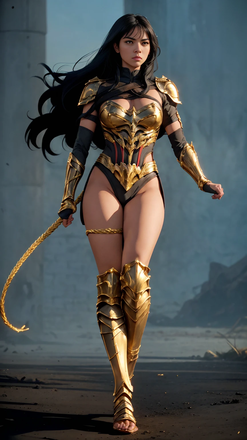 ((Full body photo, standing, feet on the ground)) Yara_flor DC, A warrior, black hair, dynamic pose and yellow eyes, in her hands the lasso of truth, heroine pose, wearing black and gold Yara Flor armor