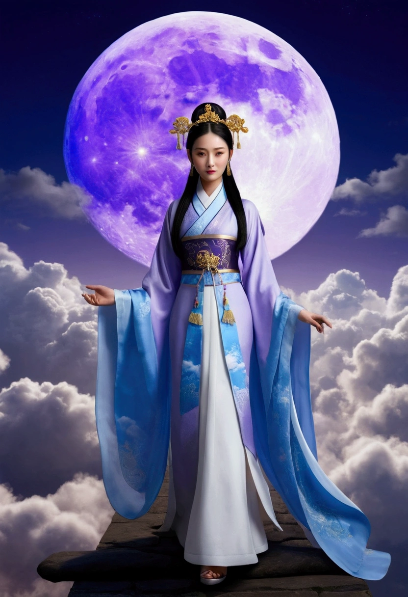 masterpiece，Highest quality，Chinese style，In the sky, The clouds form a huge transparent and shining white goddess，Thick Clouds，The moon shines，Pilgrims&#39; Path，Ultra-realistic，Ultra-photorealism，lavender，8k，High resolution，super high quality，Masterpieces，Change the position of the hands