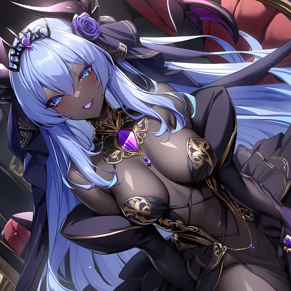 ((Highest quality)), ((masterpiece)), (detailed), (Perfect Face)、The woman was a beautiful, jet-black archdemon with jet-black skin, the evil queen, Devil Extia. She had medium-long blue hair, was wearing a gorgeous black wedding dress with gold embroidery and trim, a black wedding veil, an engagement ring, and gorgeous accessories. She was the elegant, beautiful archdemon queen.、A beautiful, jet-black-skinned demon with magnificent devil horns, devil wings, and a devil tail.