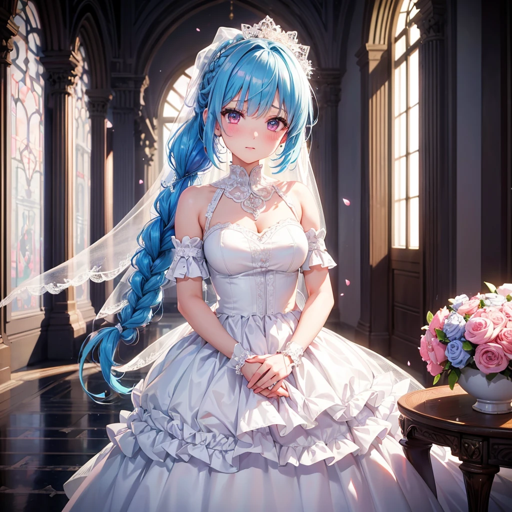 Sky blue hair, (Braided Ponytail),(Pink Eyes),Fair skin ,(whole body),(1 girl),bride,blush,Straight bangs, 6月のbride,Wedding dress,(masterpiece, Highest quality, Very detailed, Best Shadow), (Detailed Background), (Beautifully detailed face), High Contrast, (Best lighting, Very delicate and beautiful), ((Cinematic Light)), colorful, Hyper Detail, Dramatic Light, Intricate details,Wedding hall,