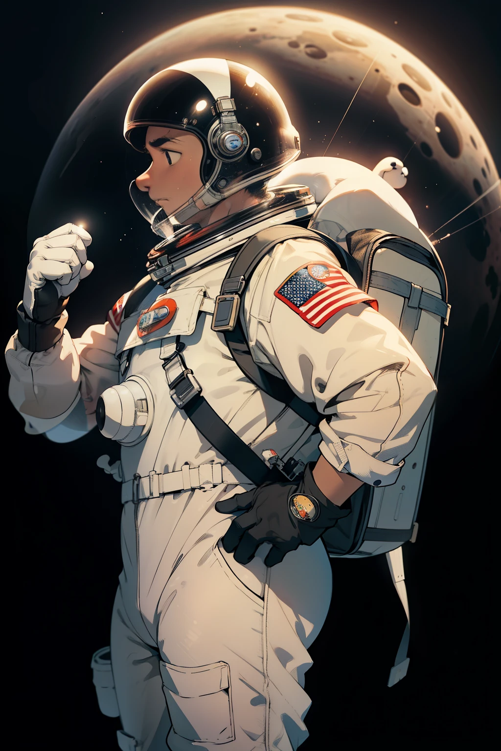 Snoopy, the iconic beagle from "Peanuts," is depicted in this photorealistic scene, meticulously crafted with enhanced detail. He dons an astronaut bubble helmet that encases his head completely, its transparent dome reflecting the moon's terrain and the distant Earth. The helmet is attached to a shiny silver space suit, which accentuates his round body shape and the charming curve of his soft beagle ears.
Snoopy's bulky silver hockey gloves serve as an amusing contrast to his canine demeanor, their size adding a whimsical touch to the otherwise serious astronaut attire. A white backpack, secured tightly to his back,