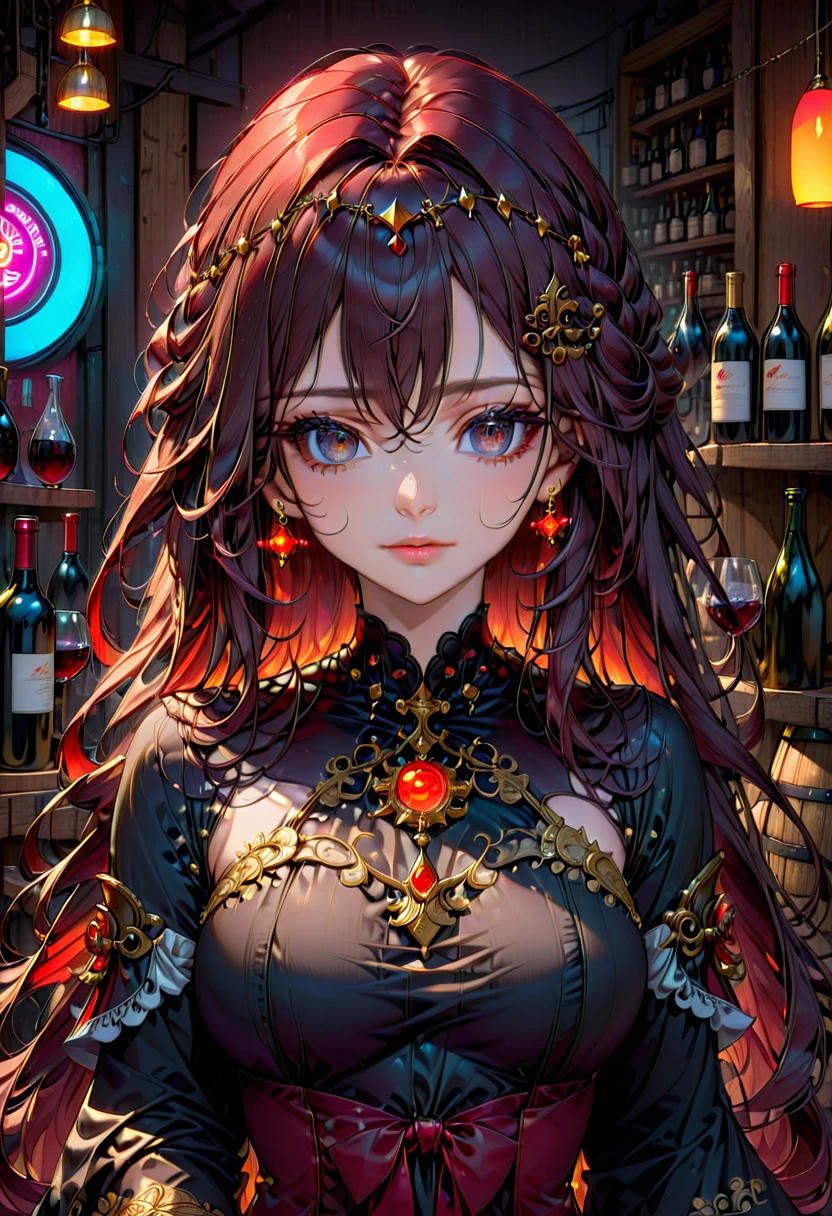 High resolution, high quality, High-resolution model, High detail, Very detailed, (Shot from the thigh up:1.3), (holding a wine glass:1.3), (Slim figure:1.5), goddess, long hair, Grown-up face, A relaxed expression, Dark Eyes, Gradient eyes, Front bottom shot, Her hair is black on top and red on the bottom., Circlet, Neon-like earrings, Black long dress, Shiny black and red gothic embellishments on the dress, There is a mysterious halo in the background, Mysterious light in the background, A shelf with wine bottles neatly lined up all over the background, Fantasy atmosphere
