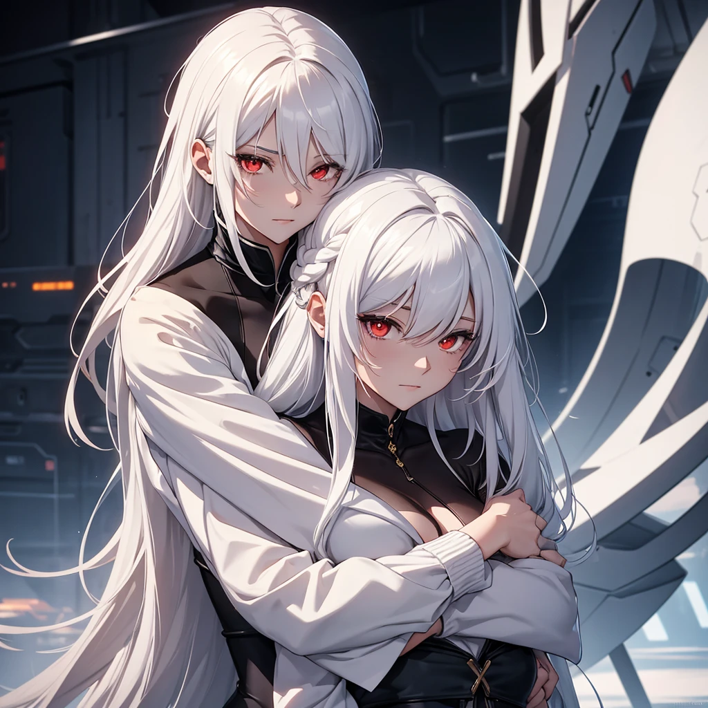 Have one character hugging another. the first will be a man, taller than the woman he is hugging, white hair, futuristic social clothes and yellow x-shaped eyes. the girl will have red eyes, long white hair and a low-cut black dress