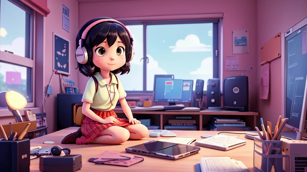 anime girl sitting on bed using laptop computer with headphones on, lo-fi girl, lofi artstyle, in style of atey ghailan, inspired by Atey Ghailan, digital anime illustration, lo-fi portrait, lo-fi art, by Atey Ghailan, atey ghailan 8 k, digital art ilya kuvshinov, lofi feel