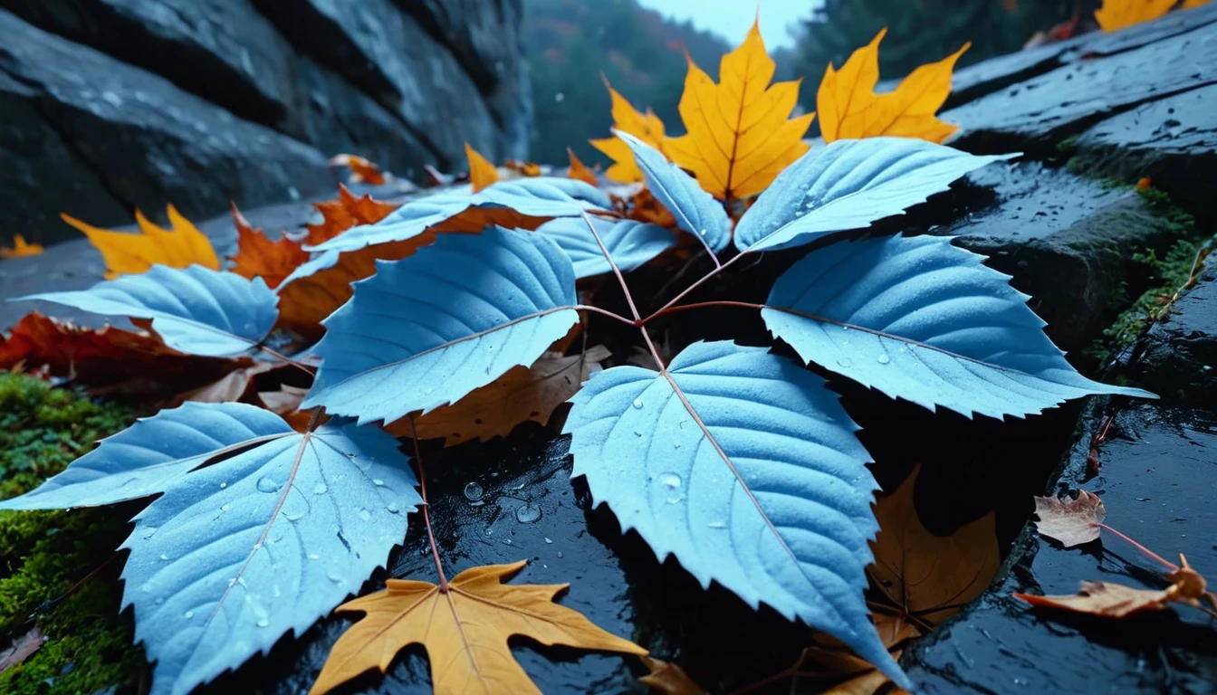 (Light blue gradation leaves),(winter leaves), (half withered),(on the cliff),(night),magical round leaves leaves falling, snow is falling thinly,nature documentry footage, youtube video screenshot, today's featured photography 4k, autumn rain turkel, nature photography 4k, november, cinematic widescreen shot, leaves and magic, high quality screenshot, 2 0 2 1 cinematic 4 k framegrab, wide screenshot