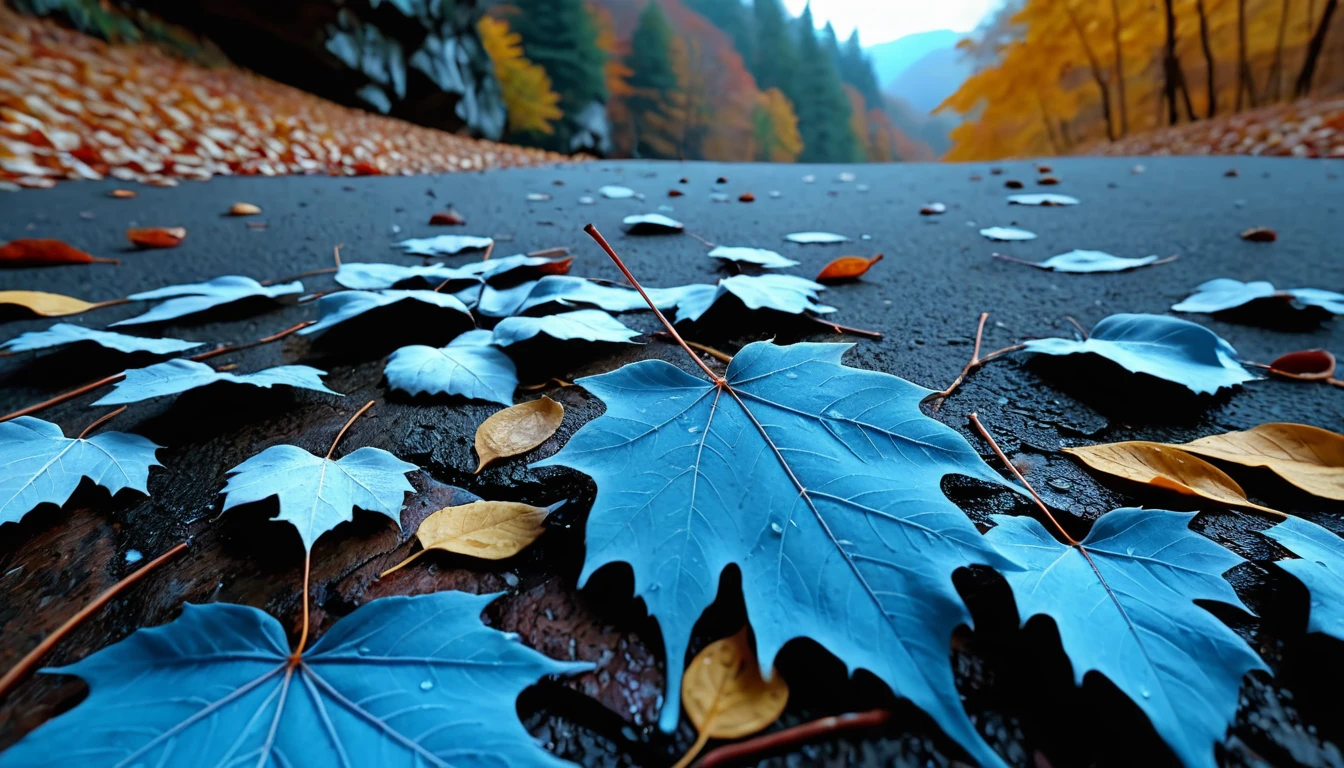 (Light blue gradation leaves),(winter leaves), (half withered),(on the cliff),(night),magical round leaves leaves falling, snow is falling thinly,nature documentry footage, youtube video screenshot, today's featured photography 4k, autumn rain turkel, nature photography 4k, november, cinematic widescreen shot, leaves and magic, high quality screenshot, 2 0 2 1 cinematic 4 k framegrab, wide screenshot