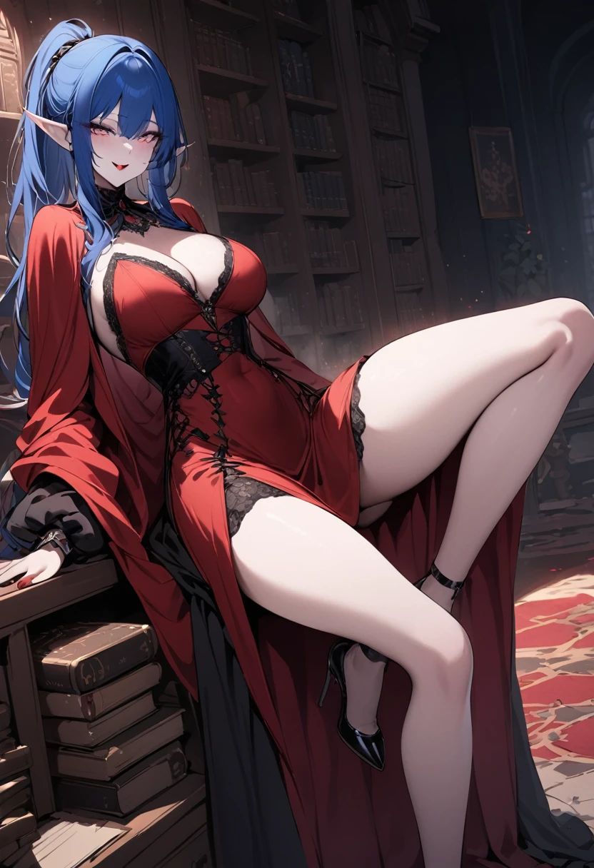 arafed a picture of elf vampire in her castle. an exquisite beautiful, busty, female elf vampire (ultra details, Masterpiece, best quality), full body, ((anatomically correct: 1.5) bloody mouth, (black and blue hair: 1.3), pale skin, hair in a ponytail, long hair, (silver: 1.3) eyes, (small pointed ears: 1.4), cold eyes, smirking, wearing dark  orange dress (ultra details, Masterpiece, best quality), red cloak, wearing high heels, in dark fantasy library, book shelves, vibrant, Ultra-high resolution, High Contrast, (masterpiece:1.5), highest quality, Best aesthetics), best details, best quality, highres, ultra wide angle, 16k, [ultra detailed], masterpiece, best quality, (extremely detailed) RAW, dark fantasy art, gothic art, goth, elf, Hyperrealism style, wearing Haute_Couture designer dress