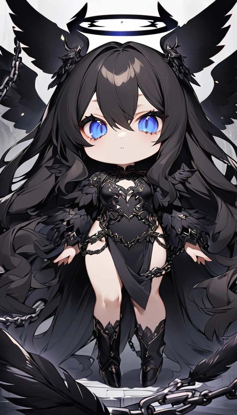 A super-deformed (chibi) style female character designed to appeal to someone with chuunibyou. She embodies the theme of an 'Evil Angel,' featuring dark and celestial elements. The character should have long, flowing hair, possibly in a dark color like black or dark blue, with black wings. She wears a dramatic, intricate outfit with elements like chains, dark feathers, and possibly a dark halo. Her eyes should be large and expressive, with a hint of otherworldly power and malevolence. The background is minimal to keep the focus on the character. The image should be in a 9:16 aspect ratio.