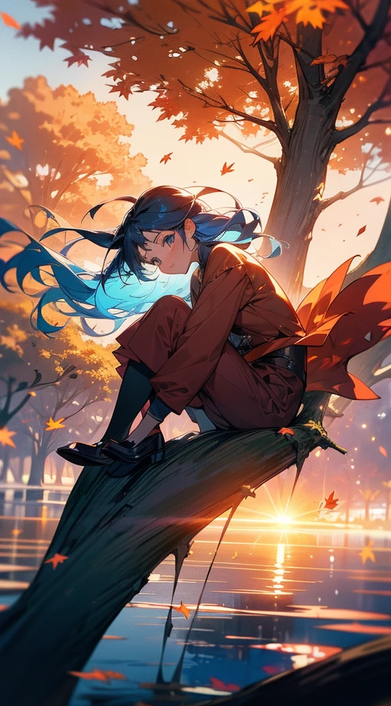 masterpiece, best quality, 1girl, cute girl, cute, autumn, fall, leafs, sunset, particles,magic, cozy, sitting at the tree, dramatic light, beautiful lights,4k, gorgeous, cinematic, happy, depth, happyness, wind, leafs, sunset, blue hair, lake,artistic