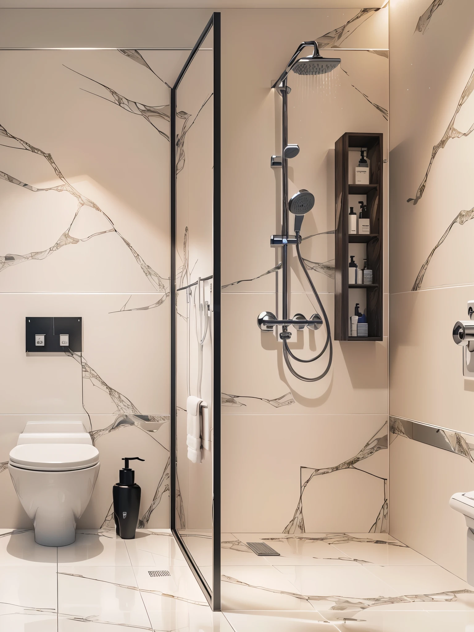 There is a bathroom with toilet, shower, and drown in it, hyper-realistic detailed rendering, modern bathroom, hyperrealistic render, very detailed render, Realistic physics rendering, hyperrealistic render, hyperrealistic render, hyperrealistic render, high-quality render, Bathroom interior, excellent 3d render, detailed rendering in archive, high quality 3D rendering